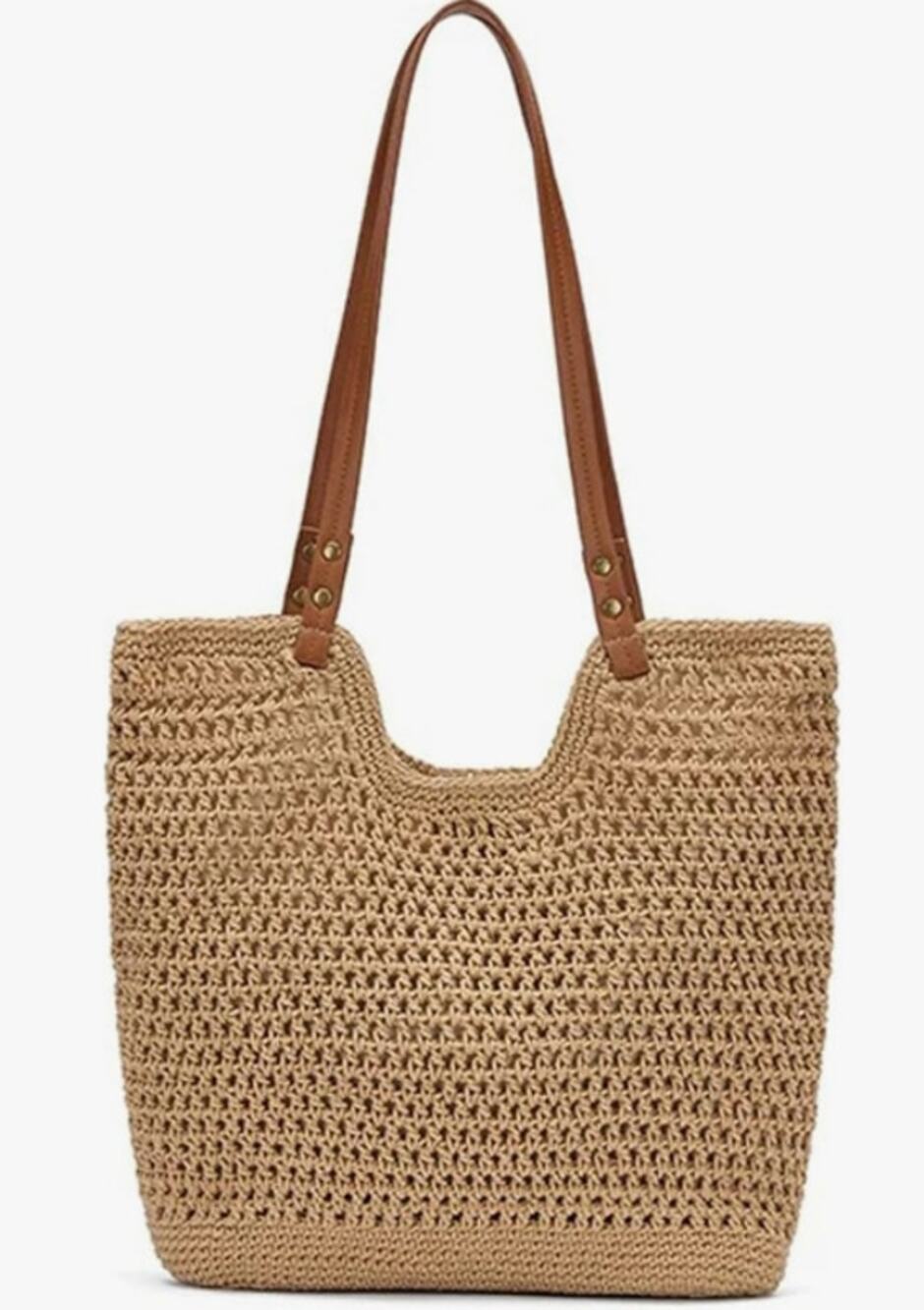 NWOT Khaki Boho Crochet Tote Bag Linen Lined Zipper Closure